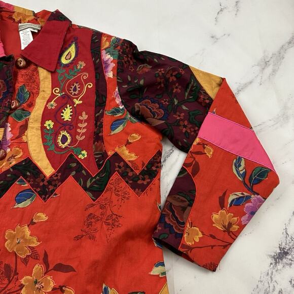 Coldwater Creek Embroidered Jacket Plus Size 1x Red Pink Floral Patchwork - Picture 3 of 11